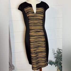 Connected Apparel Textured Striped Sheath Pencil Dress Gold Black Size 14